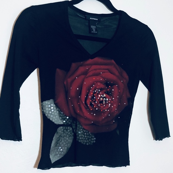 Express Tops - Express Blouse with Rhinestone and Sequin Rose XS